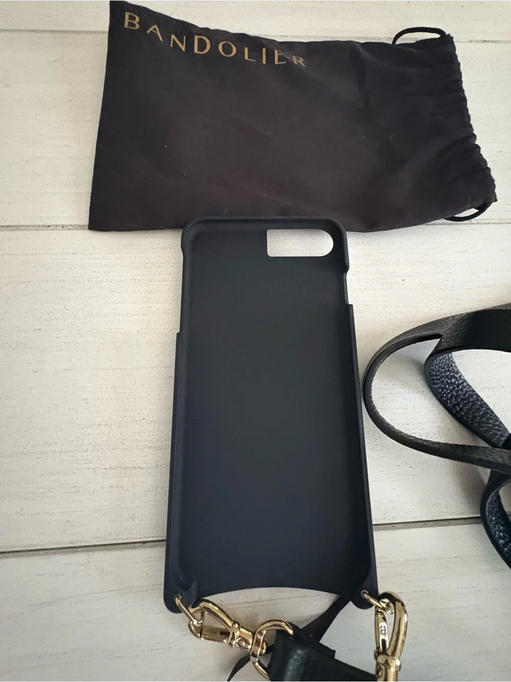 Bandolier Black Leather Crossbody Phone Wallet with Gold Hardware